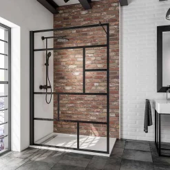 Paroi de douche fixe à l'italienne l.140xH.200cm, Walk In verrière atelier, verre transparent anticalcaire 6mm, profilé noir mat, Schulte NewStyle