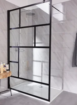 Paroi de douche fixe à l'italienne l.120xH.200cm, Walk In verrière atelier, verre transparent anticalcaire 6mm, profilé noir mat, Schulte NewStyle* Paroi De Douche