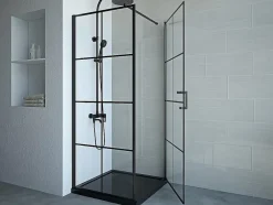 Vente-unique Paroi de douche fixe avec porte pivotante serigraphiée noir mat - 80 x 80 x 190 cm - CAPARICA