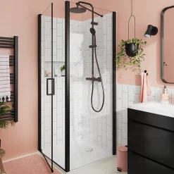 GoodHome Paroi de douche fixe l.90 x H.195 cm, verre transparent, profilés alu noir, Ledava