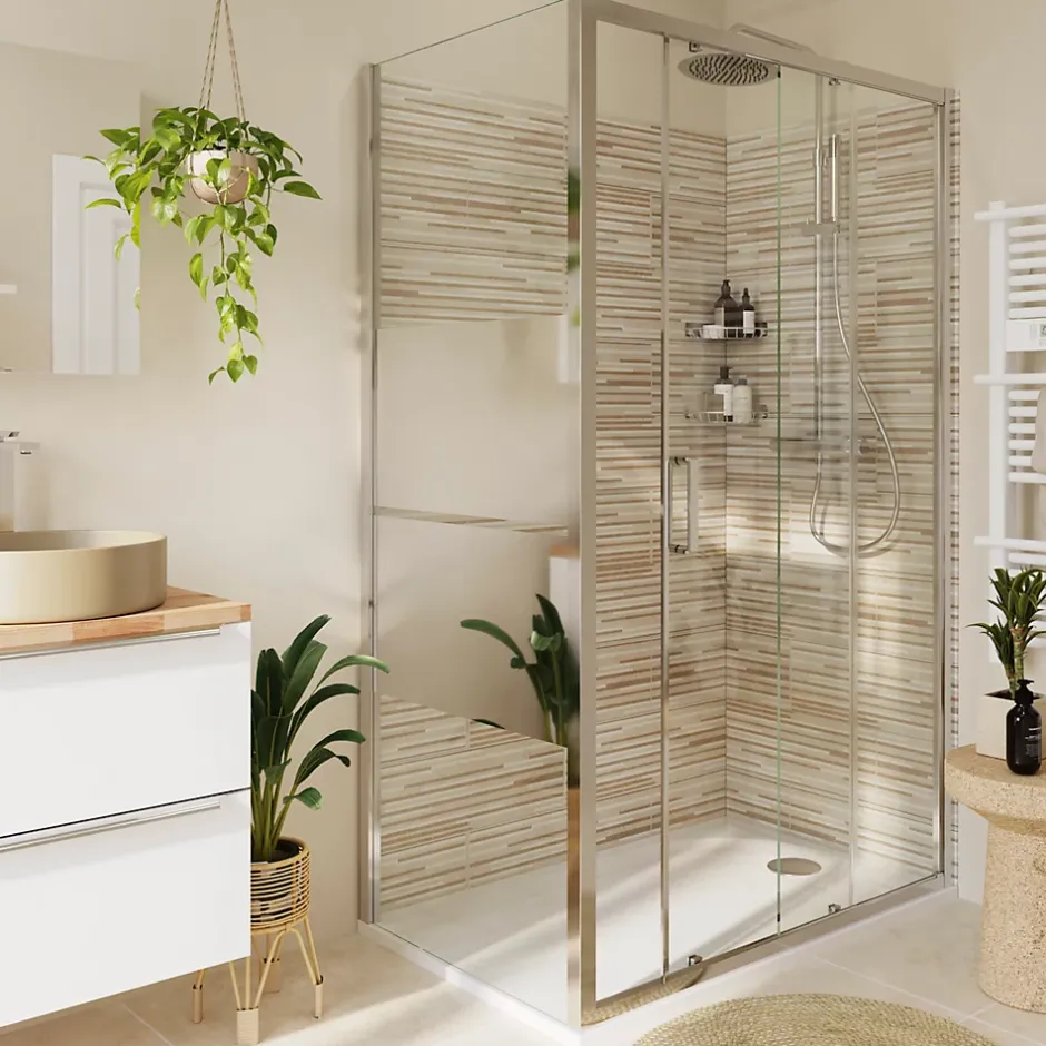 GoodHome Paroi de douche fixe l.80 x H.195 cm, bandes miroir, profilés alu chrome, Ledava