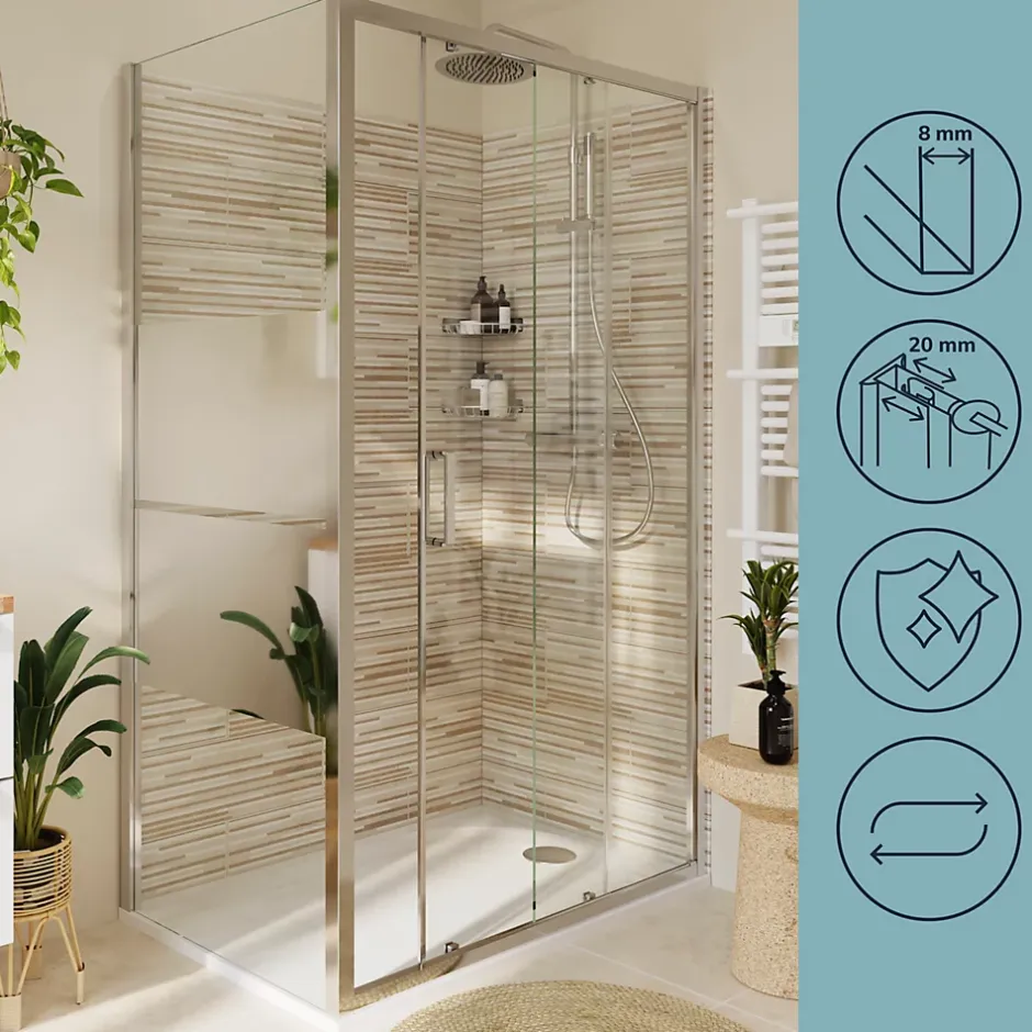 GoodHome Paroi de douche fixe l.80 x H.195 cm, bandes miroir, profilés alu chrome, Ledava