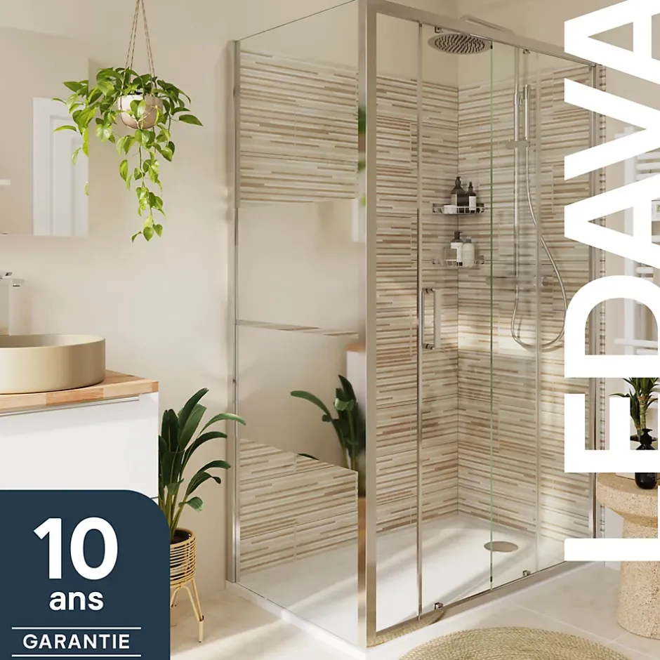 GoodHome Paroi de douche fixe l.80 x H.195 cm, bandes miroir, profilés alu chrome, Ledava