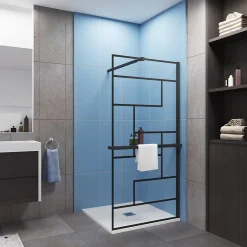 Paroi de douche fixe noir 100x200 cm verre 8mm anticalcaire style moderne + étagère alu 100 cm + barre fixation 73-120 cm