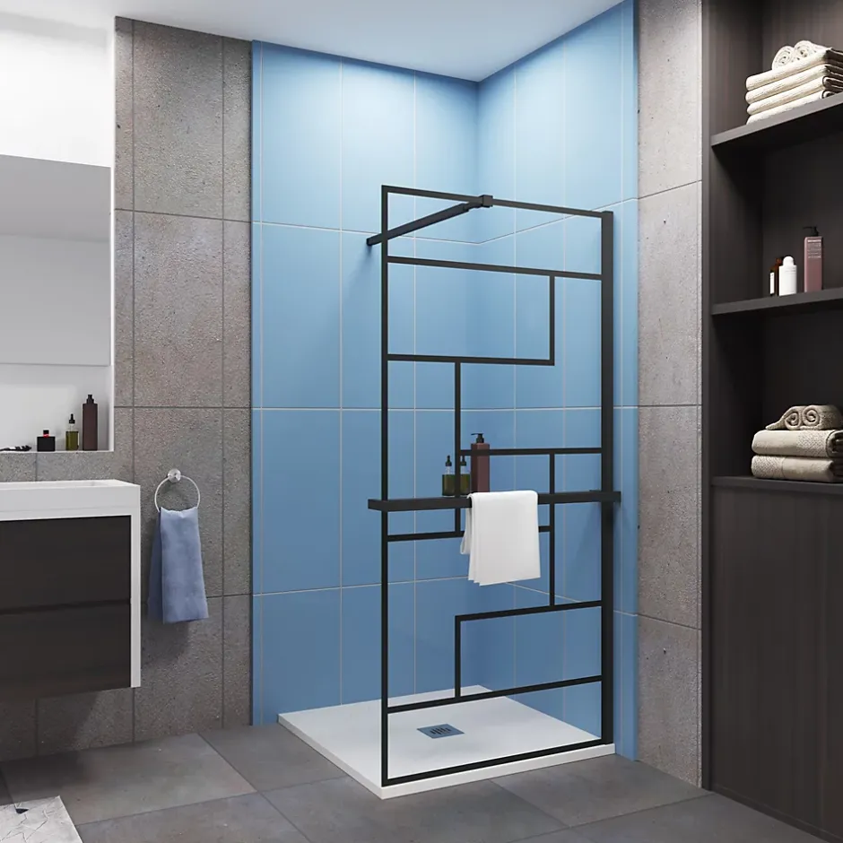 Paroi de douche fixe noir 100x200 cm verre 8mm anticalcaire style moderne + étagère alu 100 cm + barre fixation 73-120 cm