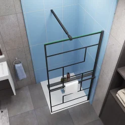 Paroi de douche fixe noir 100x200 cm verre 8mm anticalcaire style moderne + étagère alu 100 cm + barre fixation 73-120 cm