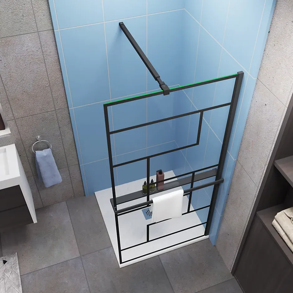 Paroi de douche fixe noir 100x200 cm verre 8mm anticalcaire style moderne + étagère alu 100 cm + barre fixation 73-120 cm