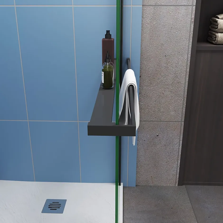 Paroi de douche fixe noir 100x200 cm verre 8mm anticalcaire style moderne + étagère alu 100 cm + barre fixation 73-120 cm