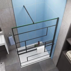 Paroi de douche fixe noir 140x200 cm verre 8mm anticalcaire style moderne avec étagère alu 140 cm et barre fixation 70-120 cm
