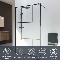 Cuisibane Paroi de douche industrielle noire ATELIA 120 cm
