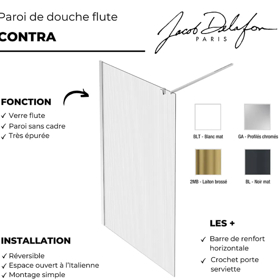 Paroi de douche JACOB DELAFON Contra flute 100cm + kit profilé Chromé