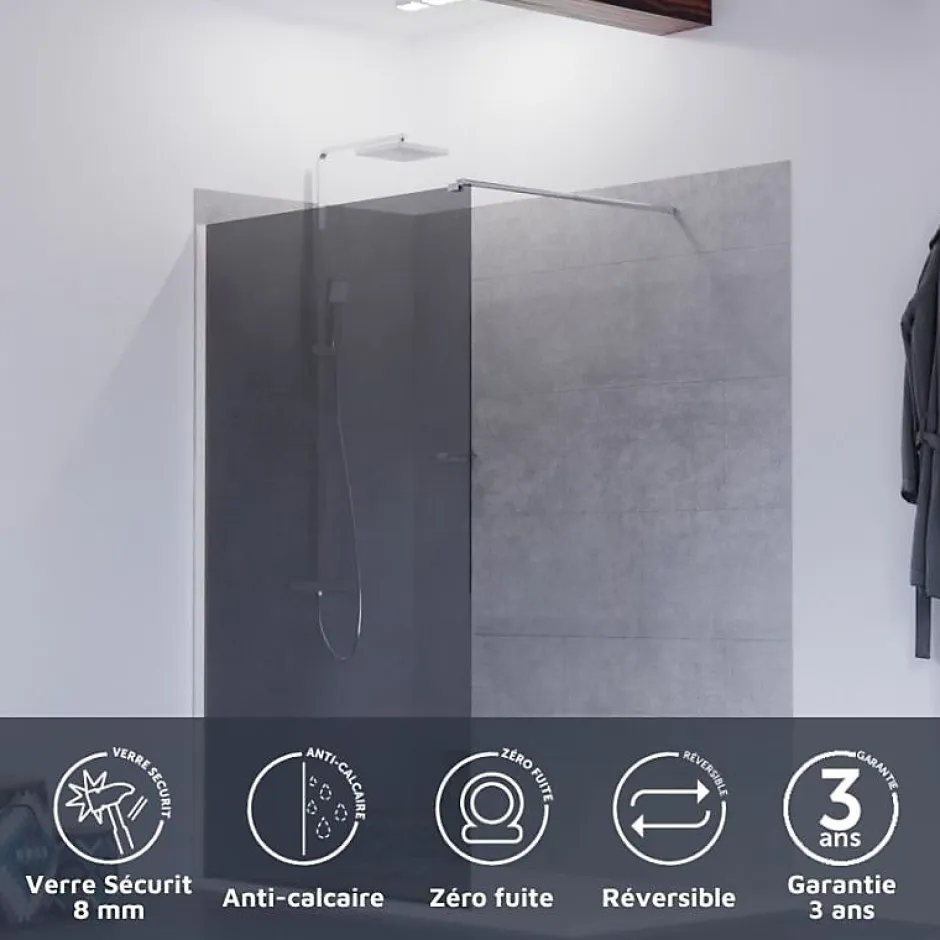 Cuisibane Paroi de douche miroir effet fumé 100 cm PSYCHE - Verre 8 mm securit