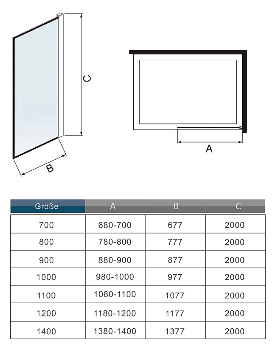 AICA Sanitaire Paroi de douche noire 100x200cm paroi de douche à l'italienne verre anticalcaire avec barre de fixation noire 73-120cm en carré