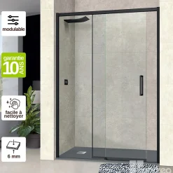 Superban Paroi de douche porte coulissante DROITE en verre ép 6mm L160/164xH195 cm - profilé noir mat - Vézannes 2P