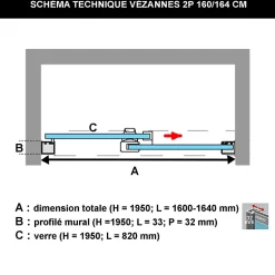 Superban Paroi de douche porte coulissante DROITE en verre ép 6mm L160/164xH195 cm - profilé noir mat - Vézannes 2P