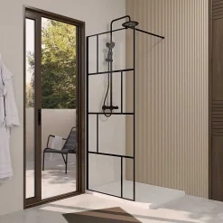 Aurlane Paroi de Douche Serigraphie Briques 80x195cm - Verre Anticalcaire 8mm - Profilé Noir Mat