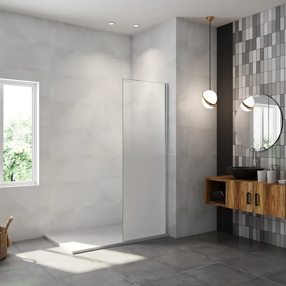 Paroi de douche verre trempé sérigraphié Brume en 8 mm verre - 50 x 200 cm - Profilés chrome et Intimité & élégance* Paroi De Douche