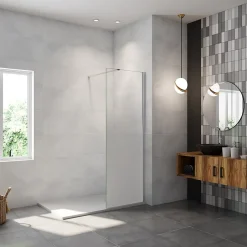 Paroi de douche verre trempé sérigraphié Brume en 8 mm verre - 90 x 200 cm - Profilés chrome avec barre de fixation 90cm