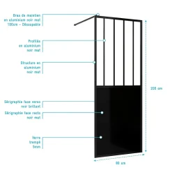 Aurlane Paroi de douche 80x200 cm type Verriere - Verre trempe et Structure aluminium noir mat - GLASSY* Paroi De Douche