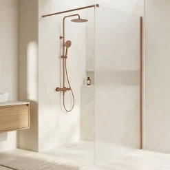 Essebagno Paroi de douche 120x200 cm verre anticalcaire 6mm avec barre de fixation en aluminium Cuivre Brossé