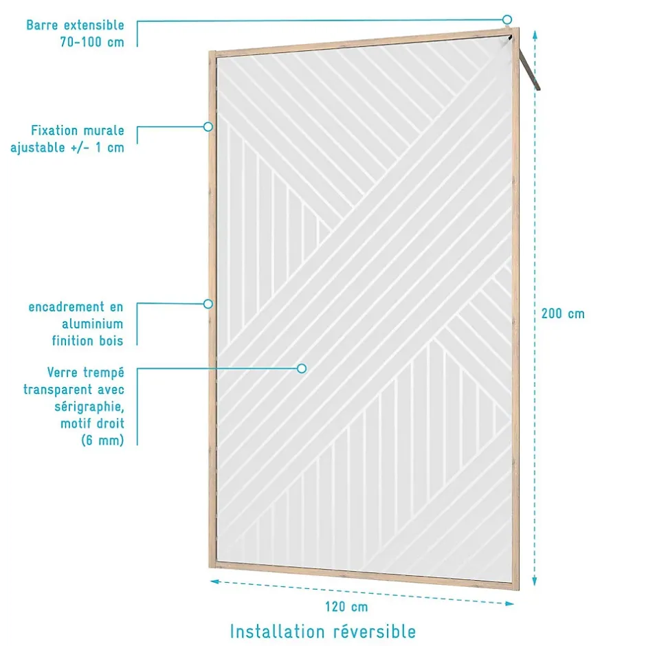 Aurlane Paroi de douche 120x200 HINATA - Style Japandi Geometrique - Cadre Effet Bois - Verre 6mm* Paroi De Douche
