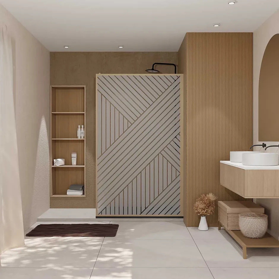 Aurlane Paroi de douche 120x200 HINATA - Style Japandi Geometrique - Cadre Effet Bois - Verre 6mm* Paroi De Douche