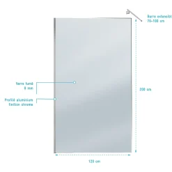 Aurlane Paroi de Douche 120x200cm Verre Fumé 8mm - Barre de Fixation Extensible et Profil Chrome