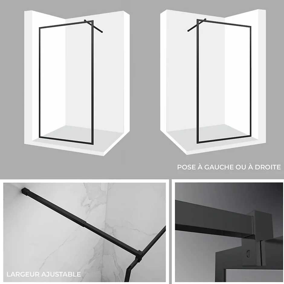 Paroi douche Italienne LUCIA noir 90 x 200 cm, verre 8mm, transparent anticalcaire - Saniverre