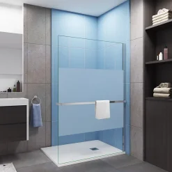 Paroi douche italienne 120x200 cm verre 8mm anticalcaire bande dépoli + Étagère de Douche alu chromé 120 cm