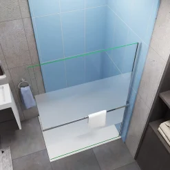 Paroi douche italienne 120x200 cm verre 8mm anticalcaire bande dépoli + Étagère de Douche alu chromé 120 cm