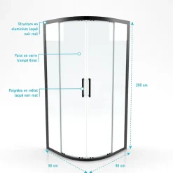 Aurlane Paroi porte de douche quart de cercle 90x90x200cm - PROFILE NOIR MAT - verre trempé 6mm