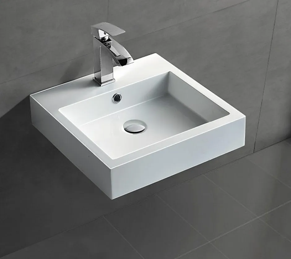 Bernstein Petit Lavabo design mural 45x45x12,5cm, Vasque suspendue en marbre coulé avec bonde Pop-up - Blanc - BS6050* Lavabo