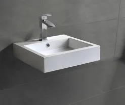 Bernstein Petit Lavabo design mural 45x45x12,5cm, Vasque suspendue en marbre coulé avec bonde Pop-up - Blanc - BS6050* Lavabo
