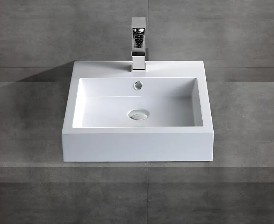 Bernstein Petit Lavabo design mural 45x45x12,5cm, Vasque suspendue en marbre coulé avec bonde Pop-up - Blanc - BS6050* Lavabo