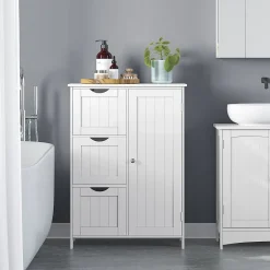 Calicosy Petit meuble de rangement 1 porte et 3 tiroirs blanc - L60 cm* Etagère Salle De Bains