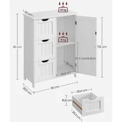 Calicosy Petit meuble de rangement 1 porte et 3 tiroirs blanc - L60 cm* Etagère Salle De Bains