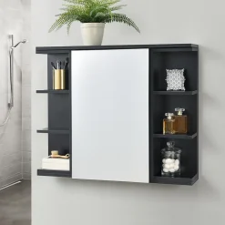 [En.Casa] Placard Mural Harstad de Salle de Bain Porte avec Miroir 64 x 80 x 20 cm Noir en.casa* Armoire De Toilette