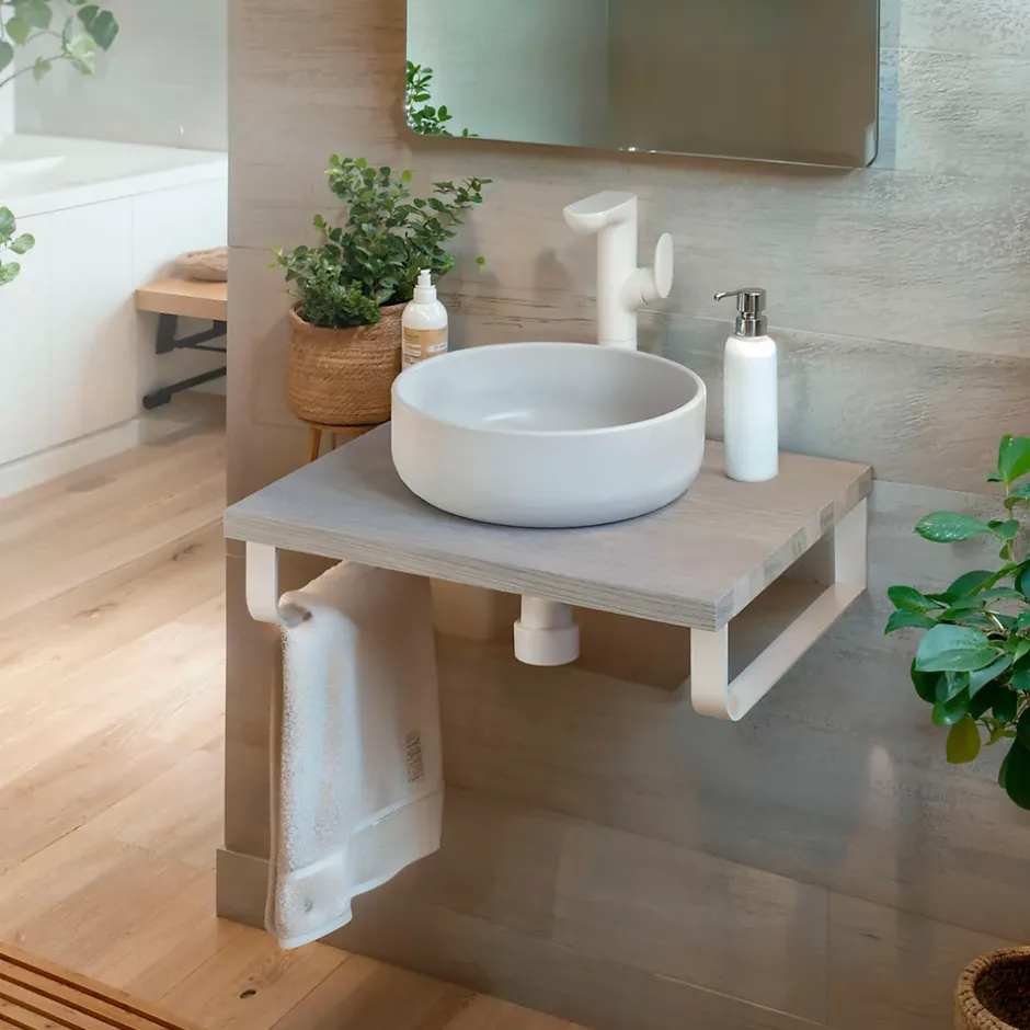 T-Bath Plan de toilette 61x49x3 cm hydrofuge placage frêne naturel avec supports blancs* Plan De Travail Salle De Bains