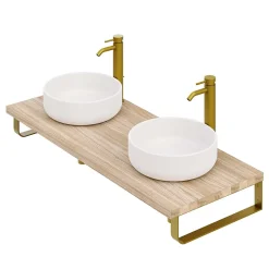 T-Bath Plan de toilette 121x49x3 cm hydrofuge placage orme naturel avec supports or