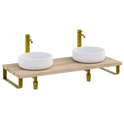 T-Bath Plan de toilette 121x49x3 cm hydrofuge placage orme naturel avec supports or