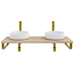 T-Bath Plan de toilette 121x49x3 cm hydrofuge placage orme naturel avec supports or