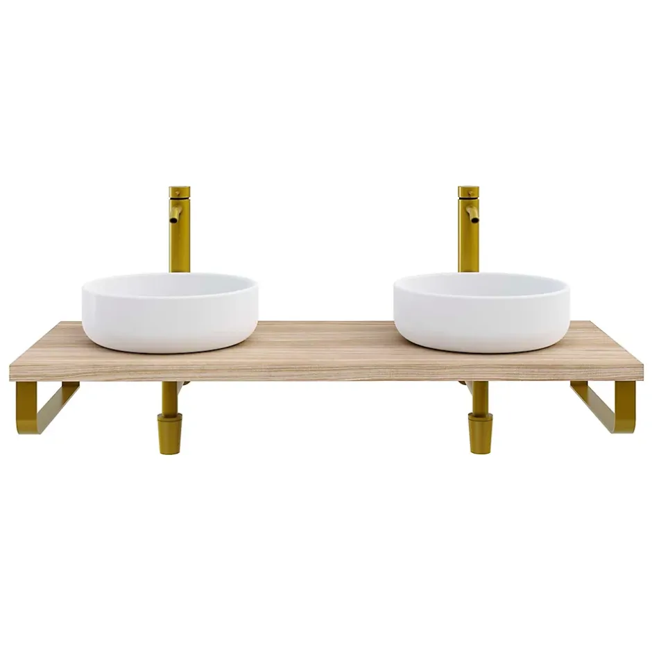 T-Bath Plan de toilette 121x49x3 cm hydrofuge placage orme naturel avec supports or