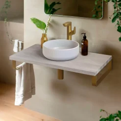 T-Bath Plan de toilette 91x49x3 cm hydrofuge placage frêne naturel avec supports or