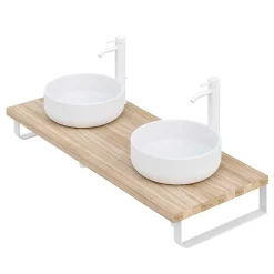 T-Bath Plan de toilette 121x49x3 cm hydrofuge placage orme naturel avec supports blancs* Plan De Travail Salle De Bains