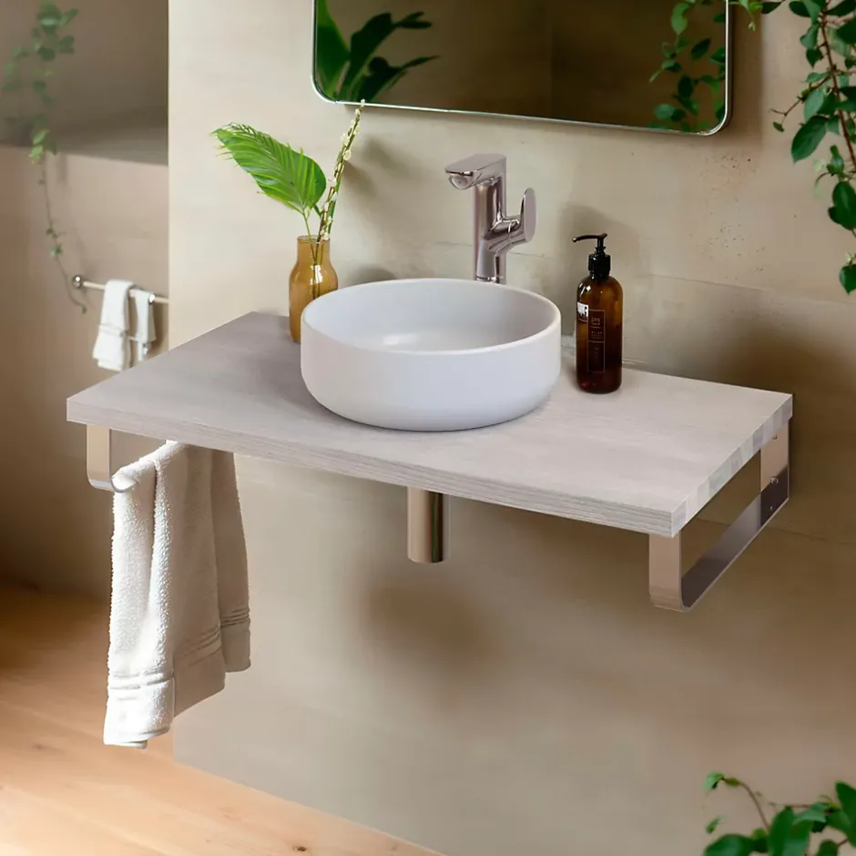 T-Bath Plan de toilette 91x49x3 cm hydrofuge placage frêne naturel avec supports chromés* Plan De Travail Salle De Bains