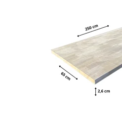 Wood&Sens Plan de travail bois massif Hévéa lamellé abouté L.250 x P.65 cm, Ep.26 mm