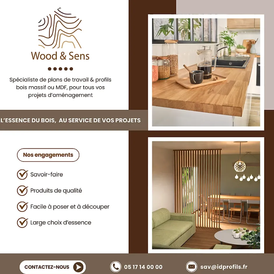 Wood&Sens Plan de travail bois massif Pin Rustique pleines lames L.240 x P.65 cm, Ep.26 mm* Plan De Travail Buanderie