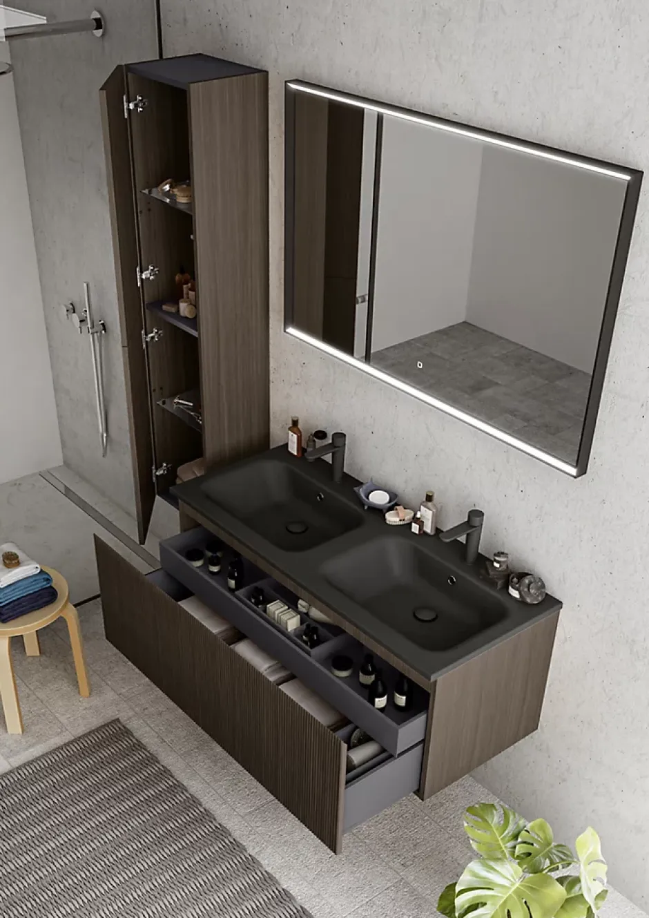 Ipiemme SRL Plan double vasque noir en résine l.120 cm, Pura+* Plan Double Vasque