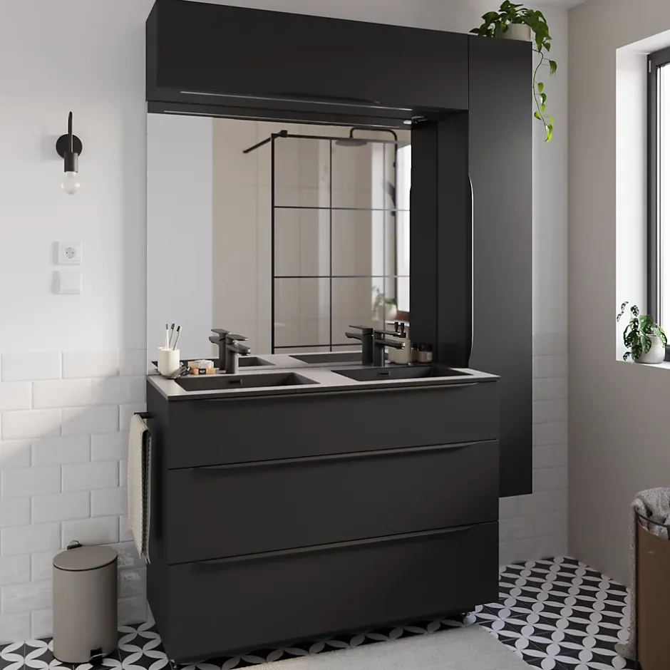 Plan double vasque noir mat en résine l.120 cm, Pamili* Plan Double Vasque