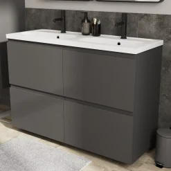 GoodHome Plan vasque double l.120,6 x H.12,3 x P.45,2 cm, en céramique blanche, levanna* Plan Double Vasque
